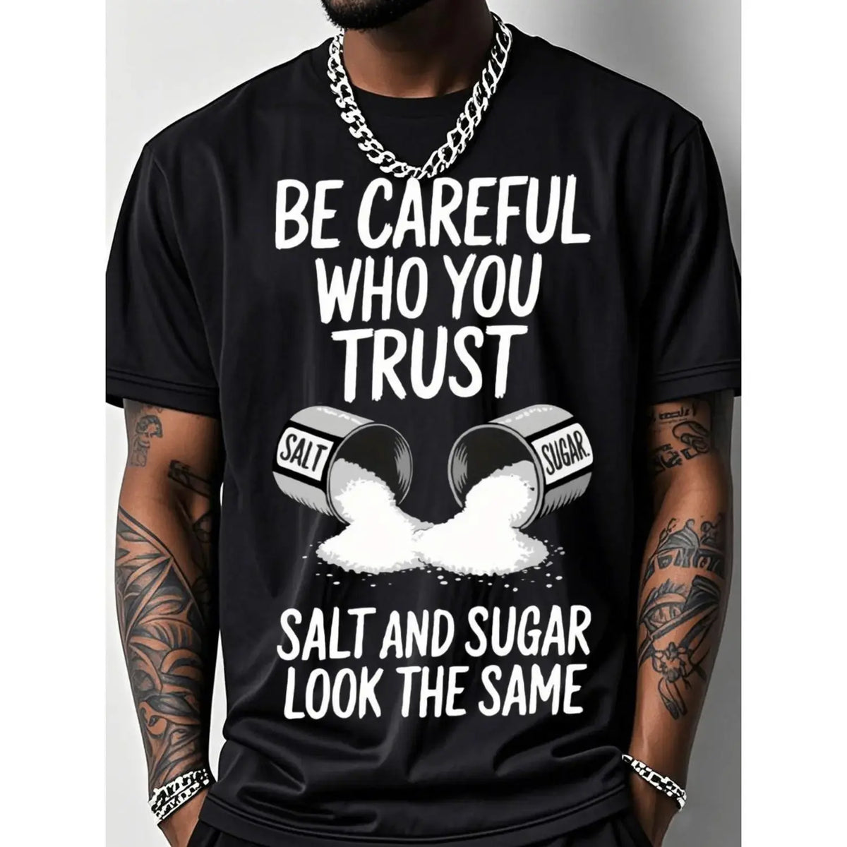 Mens Outdoor Fitness T Shirt Salt Graphic Print BeCareful Who You Trust Slogan Short Sleeve Crew NeckTop Crafted from 200g Cotton with Breathable StretchFabric