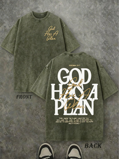 Vintage Washed "God Has a Plan" Double-Sided Print Tee | 230gsm Heavyweight Christian Streetwear, Unisex Wide-Shoulder Fit, High-Quality Cotton Casual Top for Men & Women