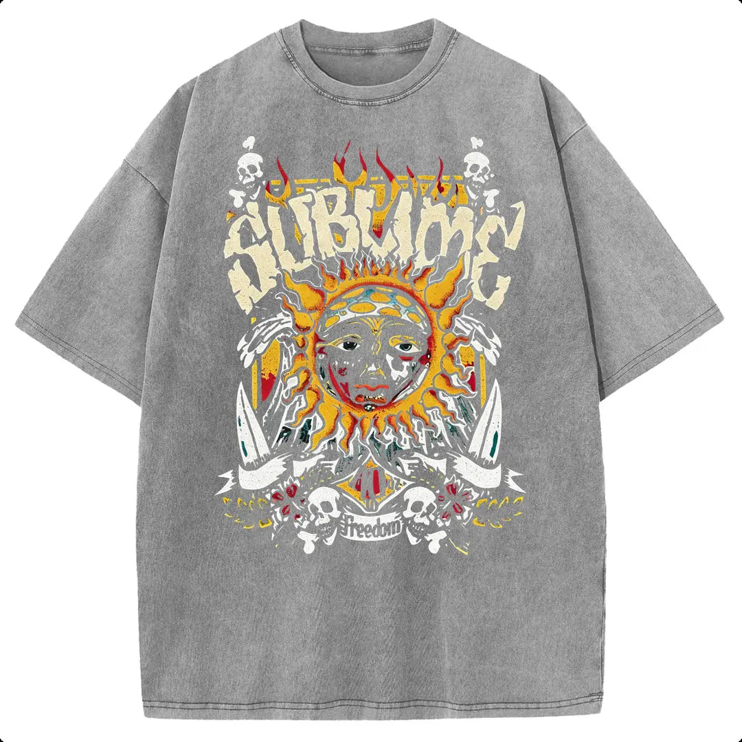 Women's Acid Wash T-Shirt, Vintage Sun Graphic in Heavyweight Cotton, Baggy Fit with Round Neck