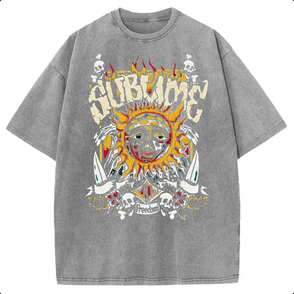Women's Acid Wash T-Shirt, Vintage Sun Graphic in Heavyweight Cotton, Baggy Fit with Round Neck