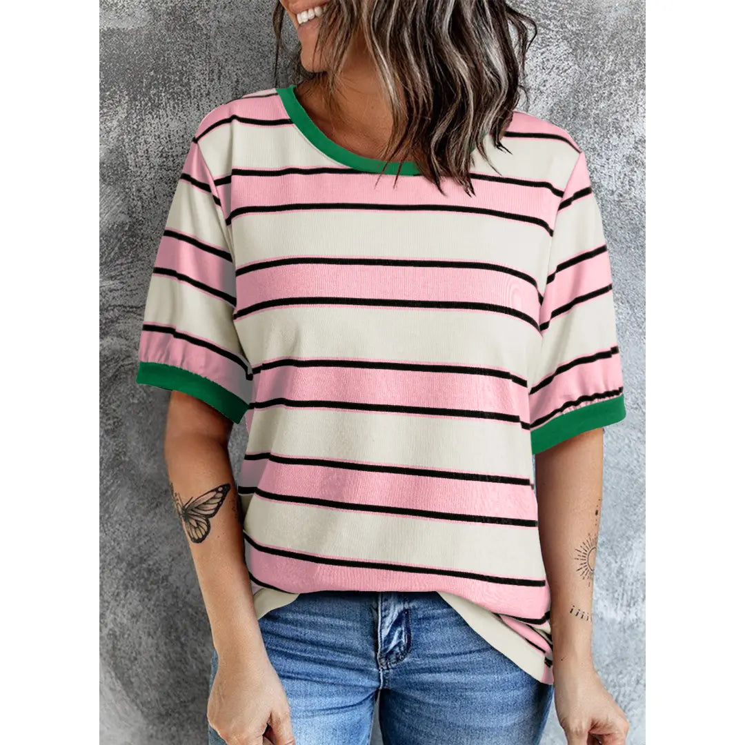 Dokotoo Women's Summer Tops 2026 Striped Color Block Short Sleeve T-Shirts Crewneck Casual Loose Basic Tee Blouses 95% Cotton 5% Elastane Breathable Lightweight Soft Durable