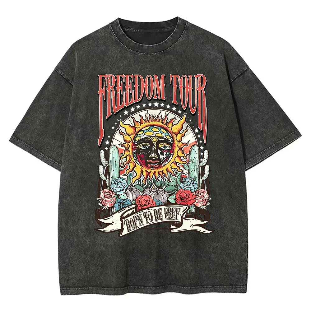 Retro Sublime style sun pattern T-shirt, heavyweight pure cotton Freedom tour band T-shirt, retro mineral washed summer music festival casual loose T-shirt