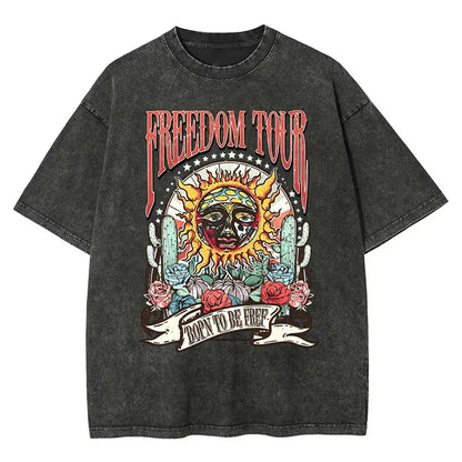 Retro Sublime style sun pattern T-shirt, heavyweight pure cotton Freedom tour band T-shirt, retro mineral washed summer music festival casual loose T-shirt