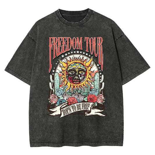 Retro Sublime style sun pattern T-shirt, heavyweight pure cotton Freedom tour band T-shirt, retro mineral washed summer music festival casual loose T-shirt