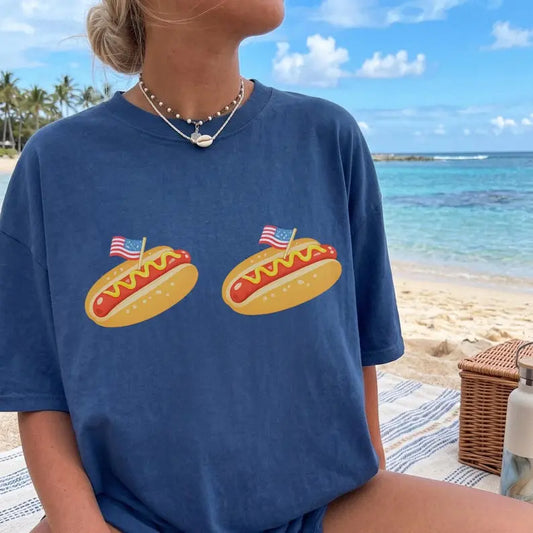 Comfort Colors Retro Hot Dog Bikini 4th of July Shirt - Funny Patriotic Glizzy Graphic Tee, Trendy Oversized USA Independence Day T-Shirt