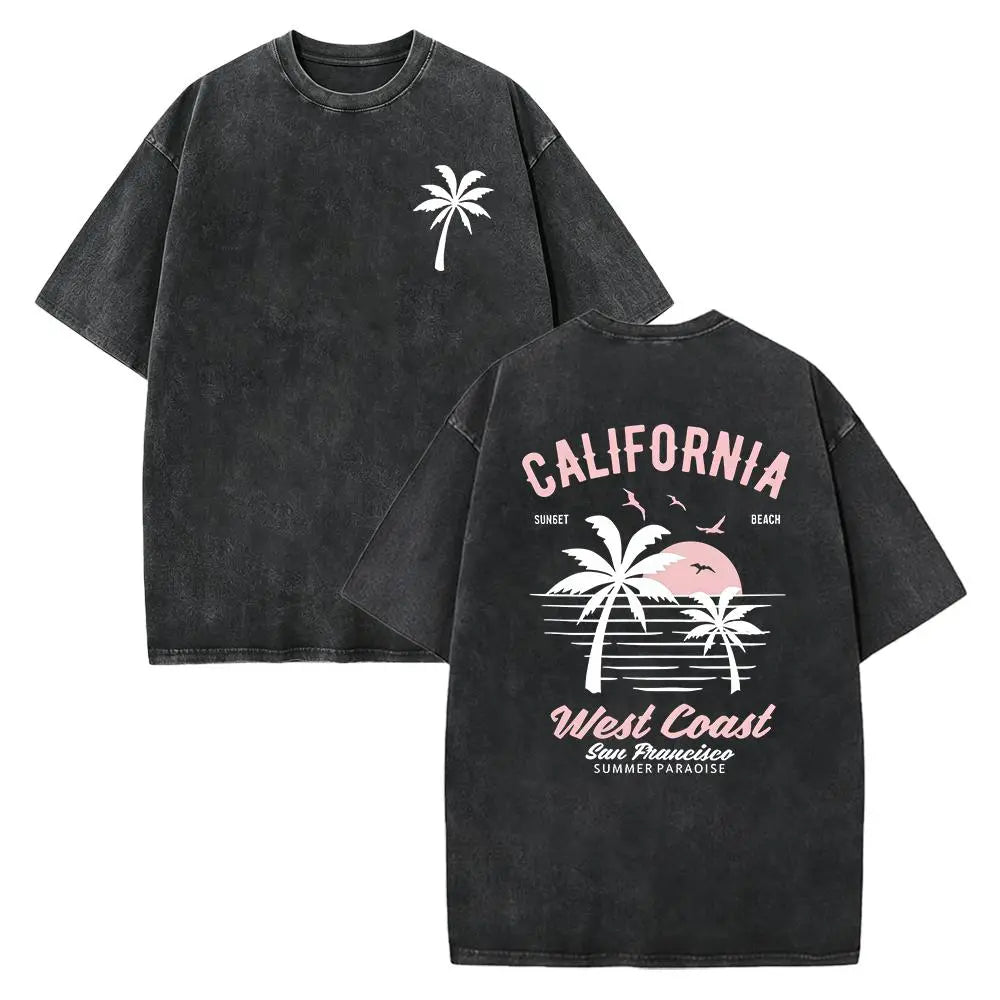 Washed Cotton California Graphic  –  Soft Vintage Surf Beach  with Palm Trees & Retro Print, Loose Fit Summer Casual Shirt for Men Women, Unisex Machine Washable