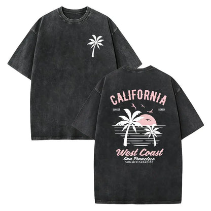 Washed Cotton California Graphic  –  Soft Vintage Surf Beach  with Palm Trees & Retro Print, Loose Fit Summer Casual Shirt for Men Women, Unisex Machine Washable