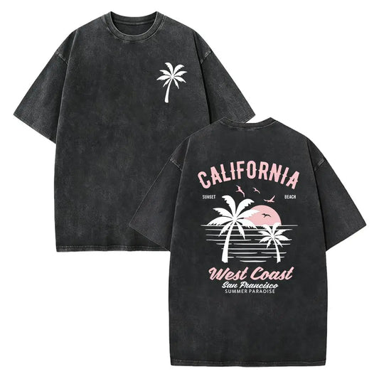 Washed Cotton California Graphic Tee – 250g Soft Vintage Surf Beach Tee with Palm Trees & Retro Print, Loose Fit Summer Casual Shirt for Men Women, Unisex Machine Washable