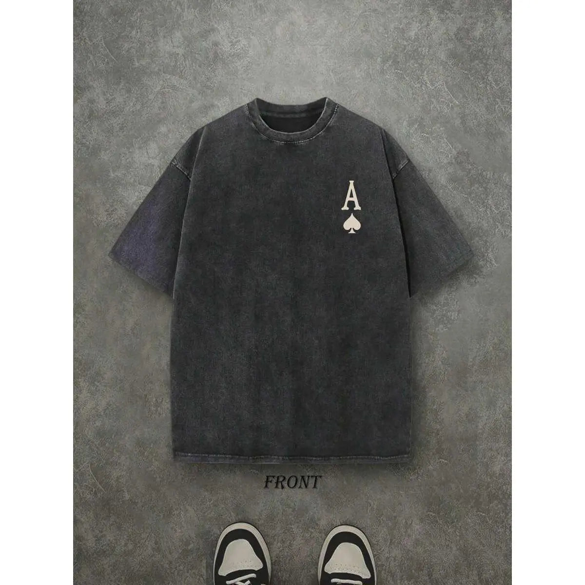 Retro Washed T-Shirt Double Sided Printed (230 Pure  T-Shirt) 'LUCK AND STRENGTH'  Letter And Ace Of Spades Pattern Print, Men's T-Shirt, Men's Casual, Comfortable, Fashionable T-Shirt, Street Style