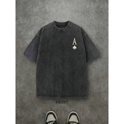 Retro Washed T-Shirt Double Sided Printed (230 Pure  T-Shirt) 'LUCK AND STRENGTH'  Letter And Ace Of Spades Pattern Print, Men's T-Shirt, Men's Casual, Comfortable, Fashionable T-Shirt, Street Style