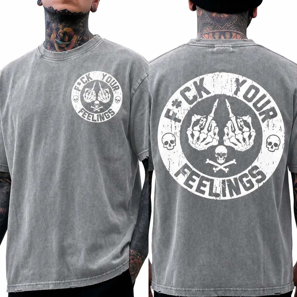 Men's "F*ck Your Feelings" Skull Graphic T-Shirt, Short-Sleeve Round Neck Loose Menswear, Bold Statement Limited Edition Fashion Streetwear Casual Angel Tee tiktokshopspringglowup,summervibes