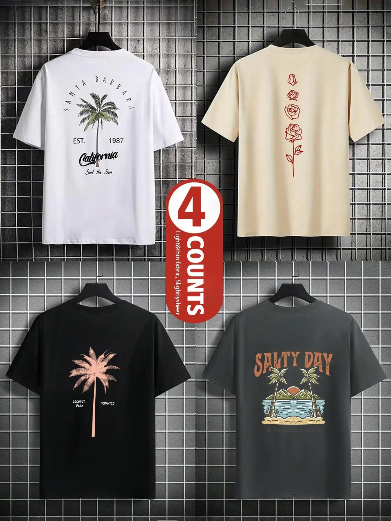 Men's Palm Tree & Letter Print Tropical Short Sleeve Graphic Casual Beach Tee, Regular Fit Casual Streetwear Round Neck T-shirt for Summer, Men's Top for Daily Wear, Menswear, Casual Summer Clothing, Casual Style Tee