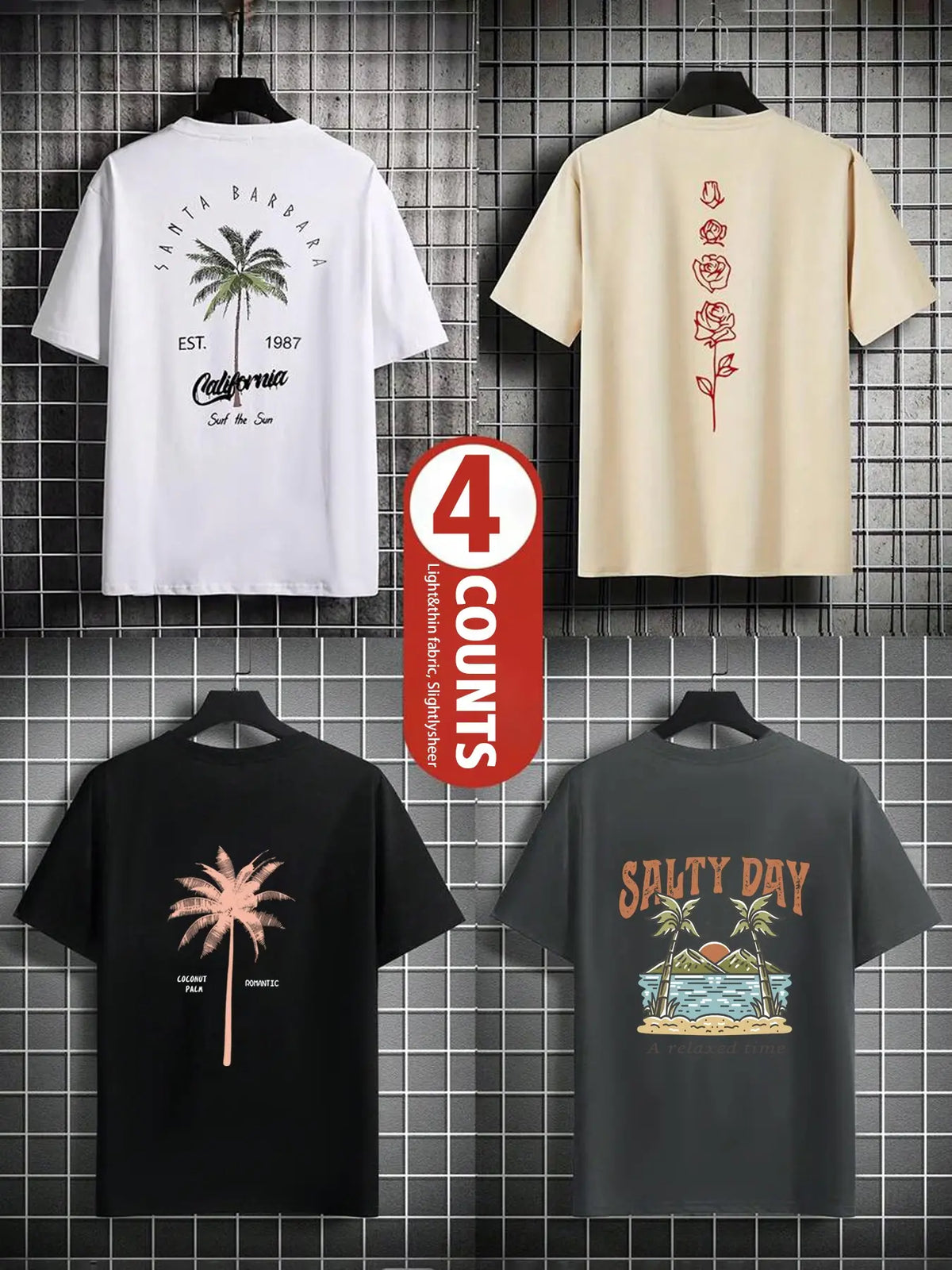 Men's Palm Tree & Letter Print Tropical Short Sleeve Graphic Casual Beach Tee, Regular Fit Casual Streetwear Round Neck T-shirt for Summer, Men's Top for Daily Wear, Menswear, Casual Summer Clothing, Casual Style Tee