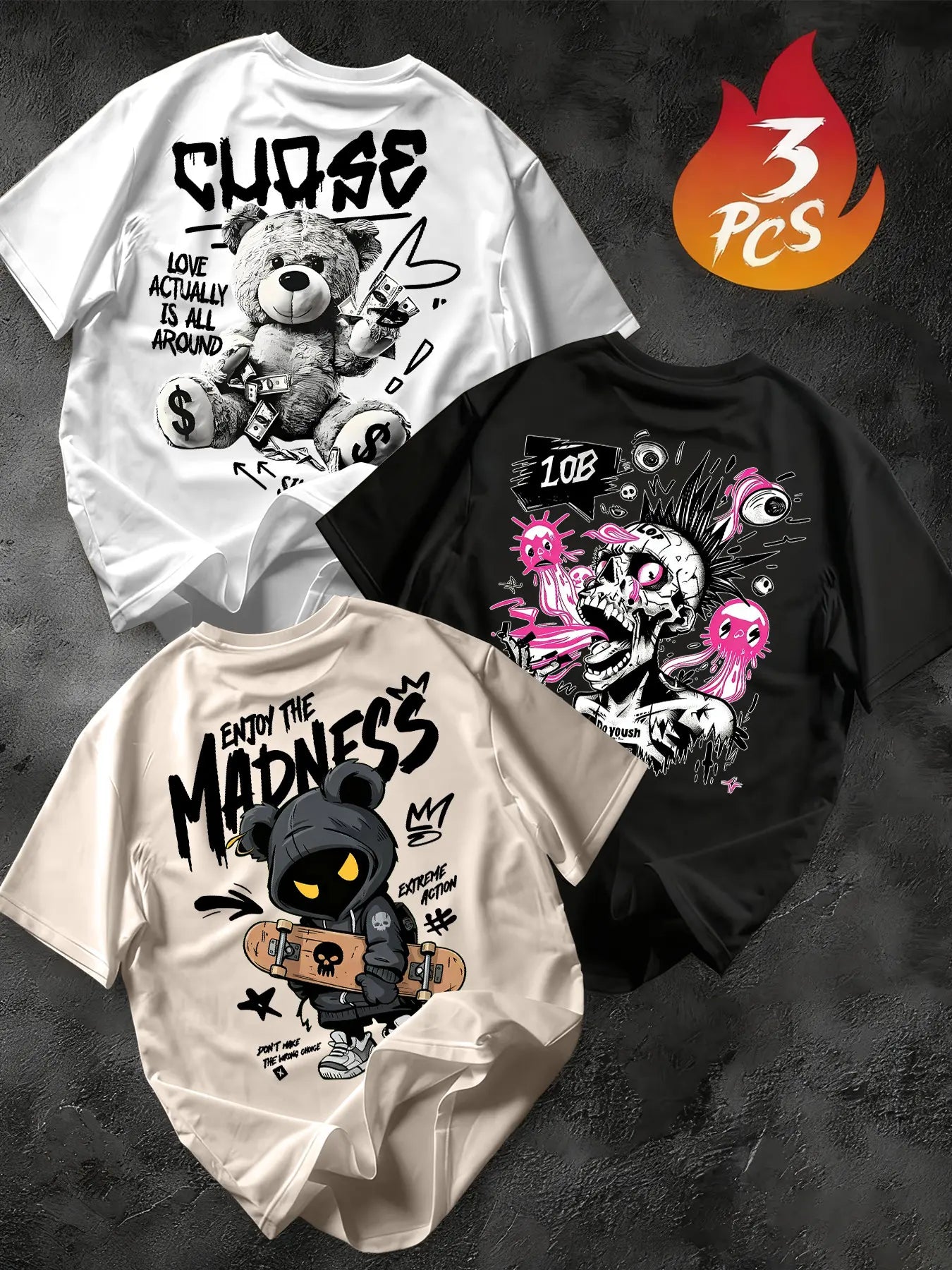 Men's 3-Pack Graffiti Round Neck Short Sleeve T-Shirts, Unique Cool Prints, Loose Fit, Casual Street Style, Daily Wear, Streetwear