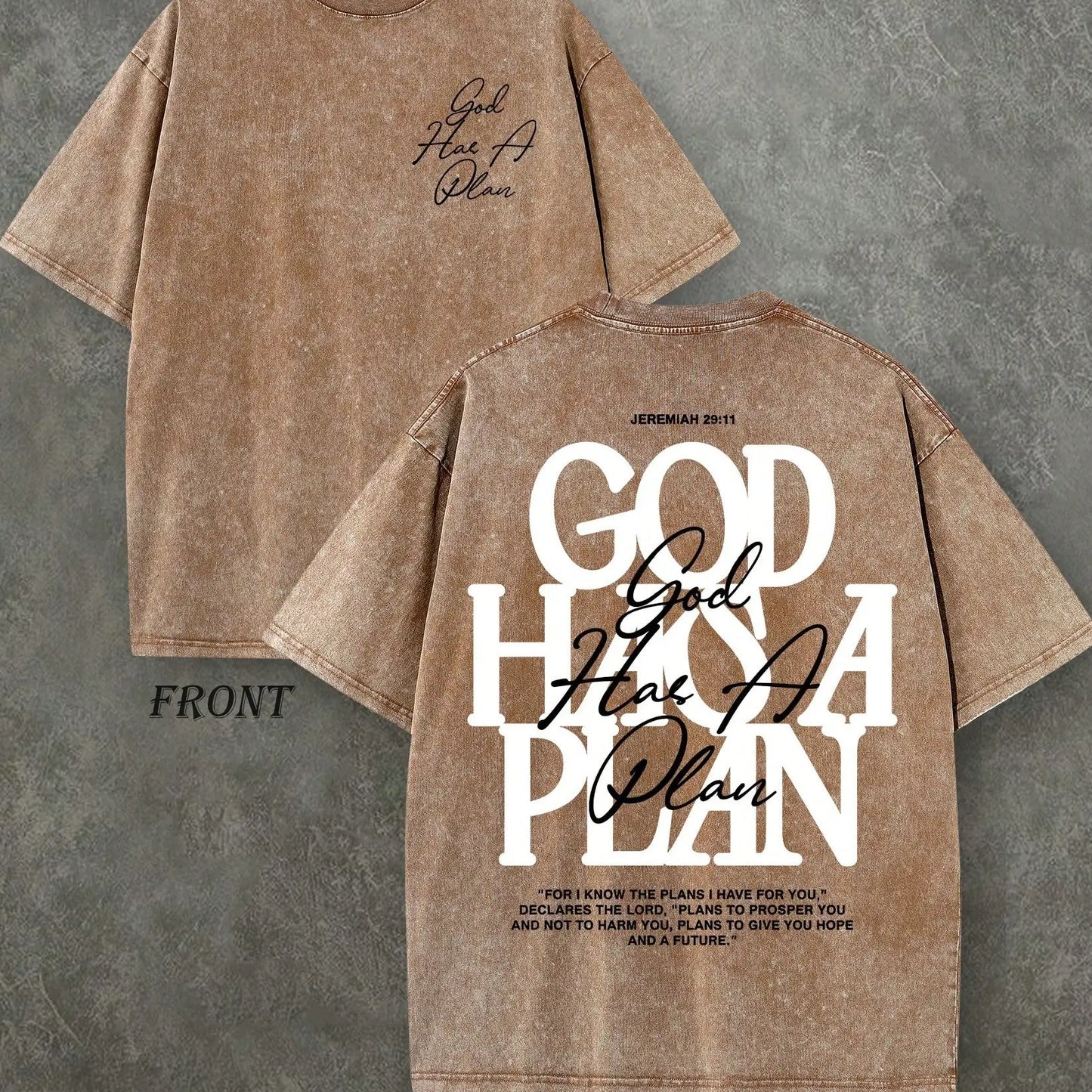 Vintage Washed "God Has a Plan" Double-Sided Print Tee | 230gsm Heavyweight Christian Streetwear, Unisex Wide-Shoulder Fit, High-Quality Cotton Casual Top for Men & Women