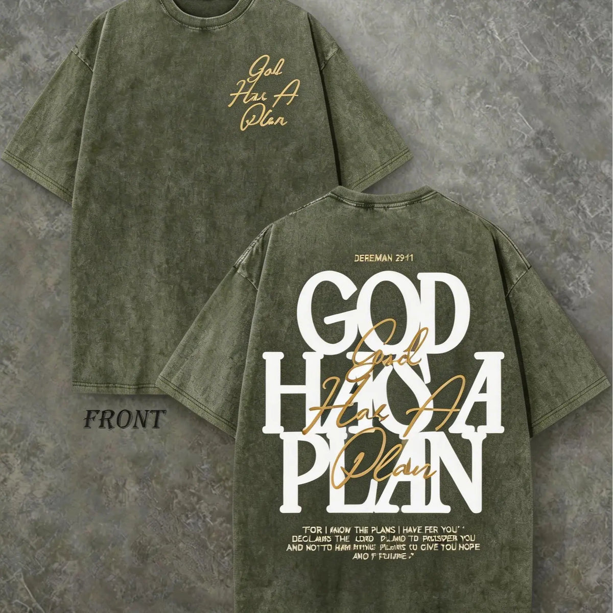 Vintage Washed "God Has a Plan" Double-Sided Print Tee | 230gsm Heavyweight Christian Streetwear, Unisex Wide-Shoulder Fit, High-Quality Cotton Casual Top for Men & Women