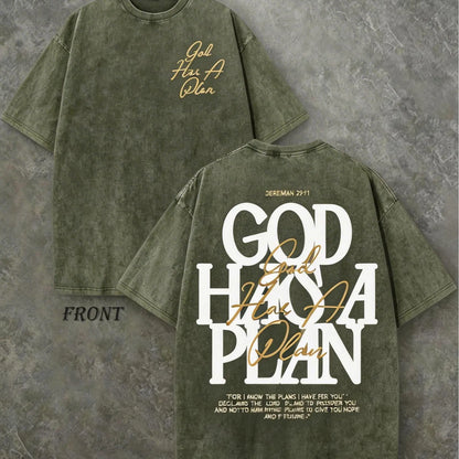 Vintage Washed "God Has a Plan" Double-Sided Print Tee | 230gsm Heavyweight Christian Streetwear, Unisex Wide-Shoulder Fit, High-Quality Cotton Casual Top for Men & Women