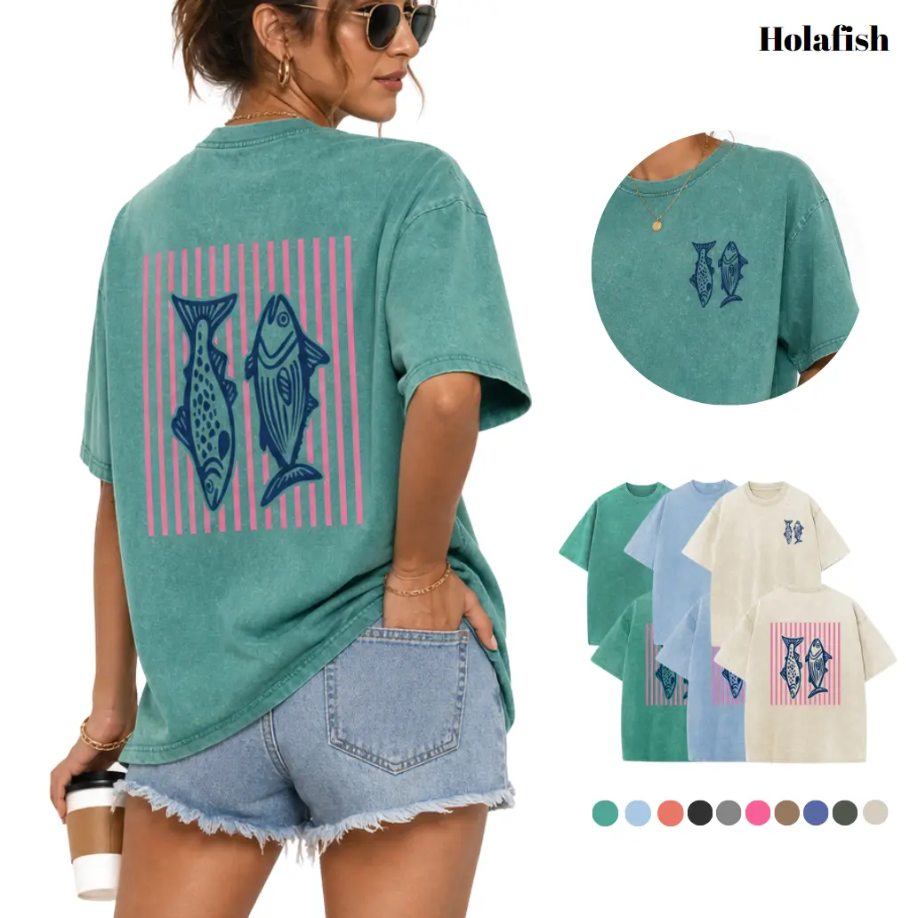 Holafish 2026 100% Cotton Crewneck Acid Wash T‑Shirt, Retro Pink Striped Dual‑Side Fish Graphic Printed Unisex Fashion Tees summervibes Casual Top