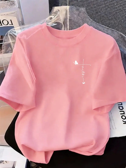 Women's Creative Geometric Iron-On Print Comfortable Loose Fit Casual Slight Stretch Round Neck T-Shirt, Stylish Everyday Daily Wear, Perfect for All Seasons