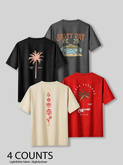 Men's Palm Tree & Letter Print Tropical Short Sleeve Graphic Casual Beach Tee, Regular Fit Casual Streetwear Round Neck T-shirt for Summer, Men's Top for Daily Wear, Menswear, Casual Summer Clothing, Casual Style Tee