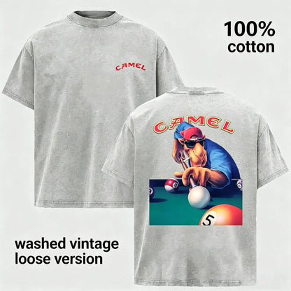 Camel Joe Pool Playing Graphic Tee Vintage Washed 100 Cotton T Shirt Retro Distressed Short Sleeve Casual Streetwear Billiards Shirt Summer Fashion Top Relaxed Fit Loose Version Crew Neck Unisex Tee for Retro Fans
