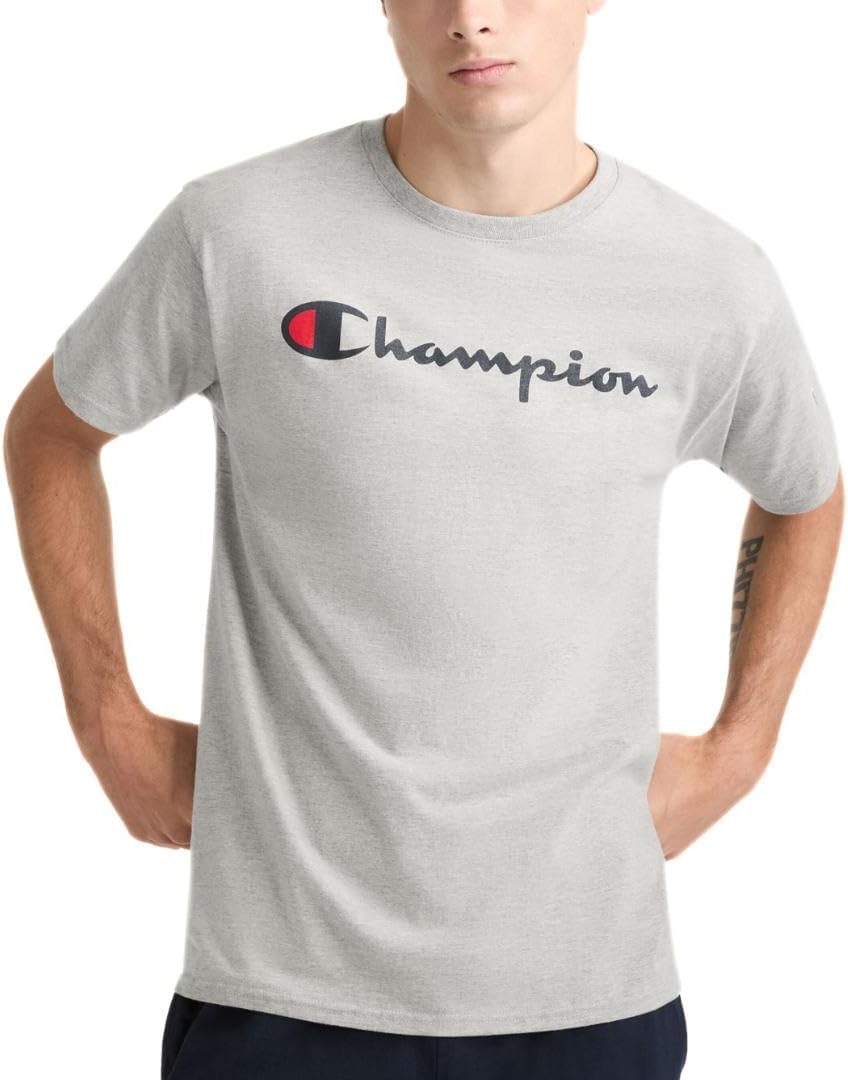 Champion Men's Graphic Short Sleeve T-Shirt, Standard Fit, Classic Script Logo, Midweight 100% Cotton