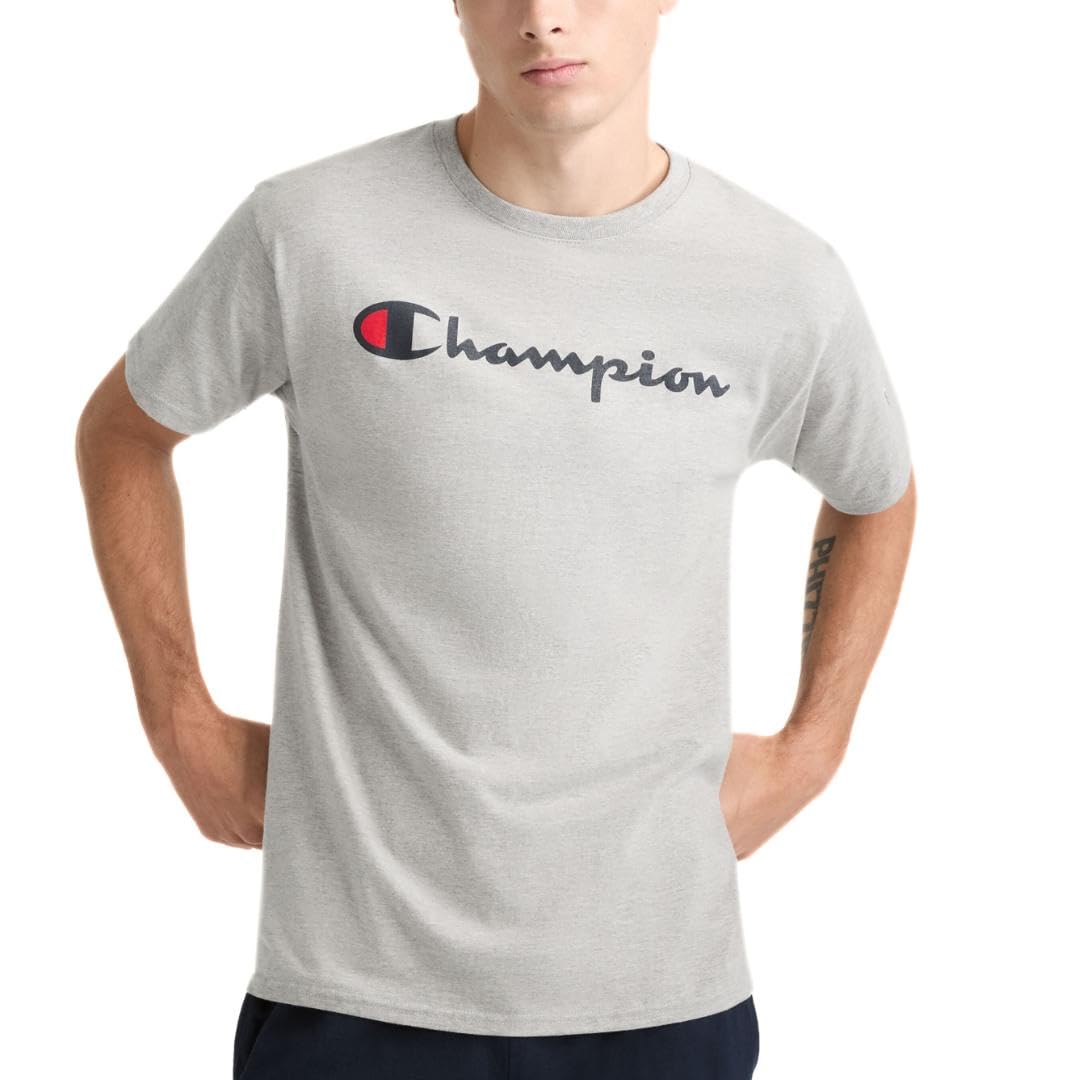 Champion Men's Graphic Short Sleeve T-Shirt, Standard Fit, Classic Script Logo, Midweight 100% Cotton