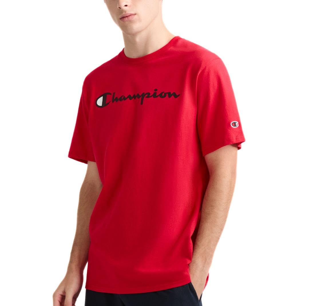 Champion Men's Graphic Short Sleeve T-Shirt, Standard Fit, Classic Script Logo, Midweight 100% Cotton