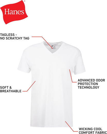 Hanes Men's Undershirts T-Shirt Pack, V-Neck Cotton Tees for Men, Moisture-Wicking, Odor Control, White Multi-Pack
