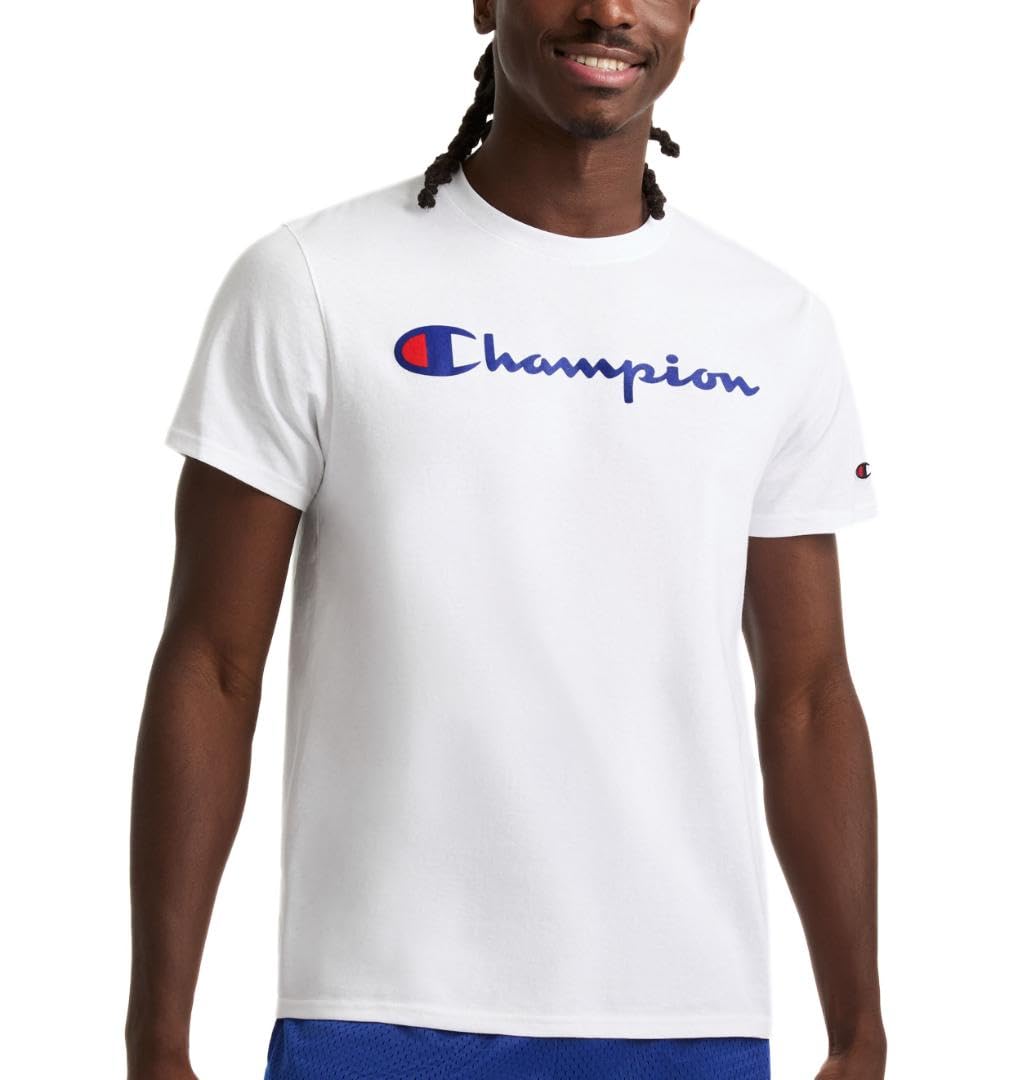 Champion Men's Graphic Short Sleeve T-Shirt, Standard Fit, Classic Script Logo, Midweight 100% Cotton