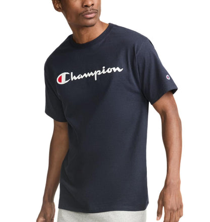 Champion Men's Graphic Short Sleeve T-Shirt, Standard Fit, Classic Script Logo, Midweight 100% Cotton