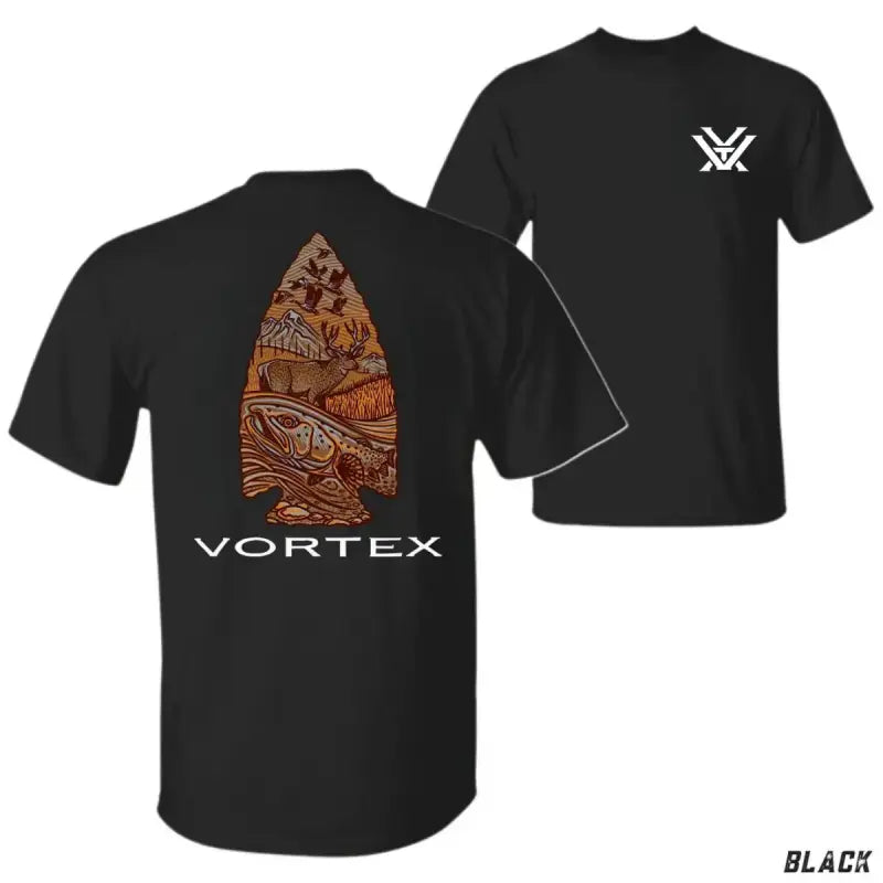 Vortex Arrowhead Wildlife T-Shirt – Navy Tee Featuring Detailed Outdoor Scene with Trout, Deer, Ducks, and Mountains Inside Arrowhead Graphic, Perfect for Hunters, Anglers, Nature Lovers, and Fans of Rustic Outdoor Apparel, Top Menswear Streetwear-DK.X