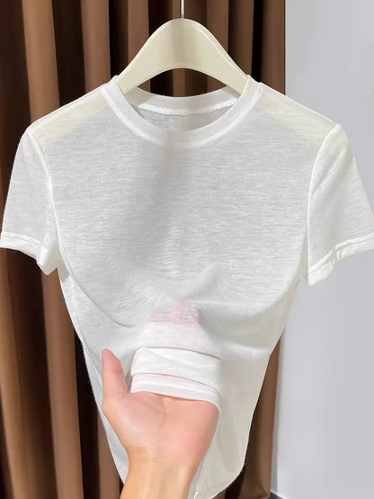 New Semi-Sheer Short Sleeve Top, Layering Piece, Casual Summer Wear, Round Neck Thin T-Shirt for Women, Stylish and Comfortable Clothes