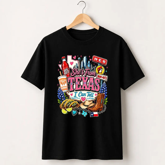 Vintage She's From Texas I Can Tell Big Red Shirt, Retro She's From Texas Western Shirt, Basketball Fan Shirt, Game Day Shirt, Full Colors, Full Sizes S-3XL Breathable Breathable