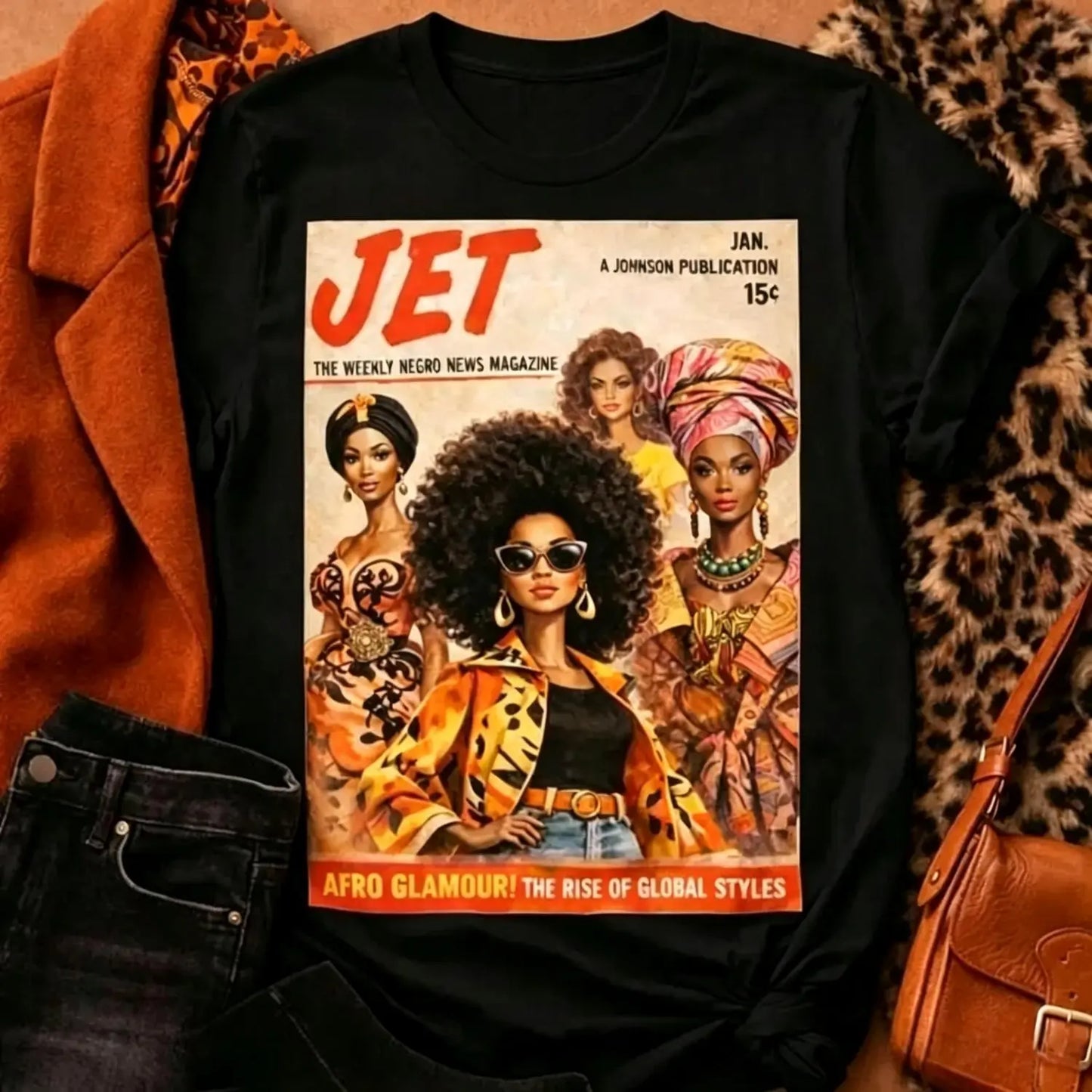 Afro Glamour Vintage Magazine Cotton T-shirt for Women Artistic Fashion Afrocentric Fall Graphic Tee R