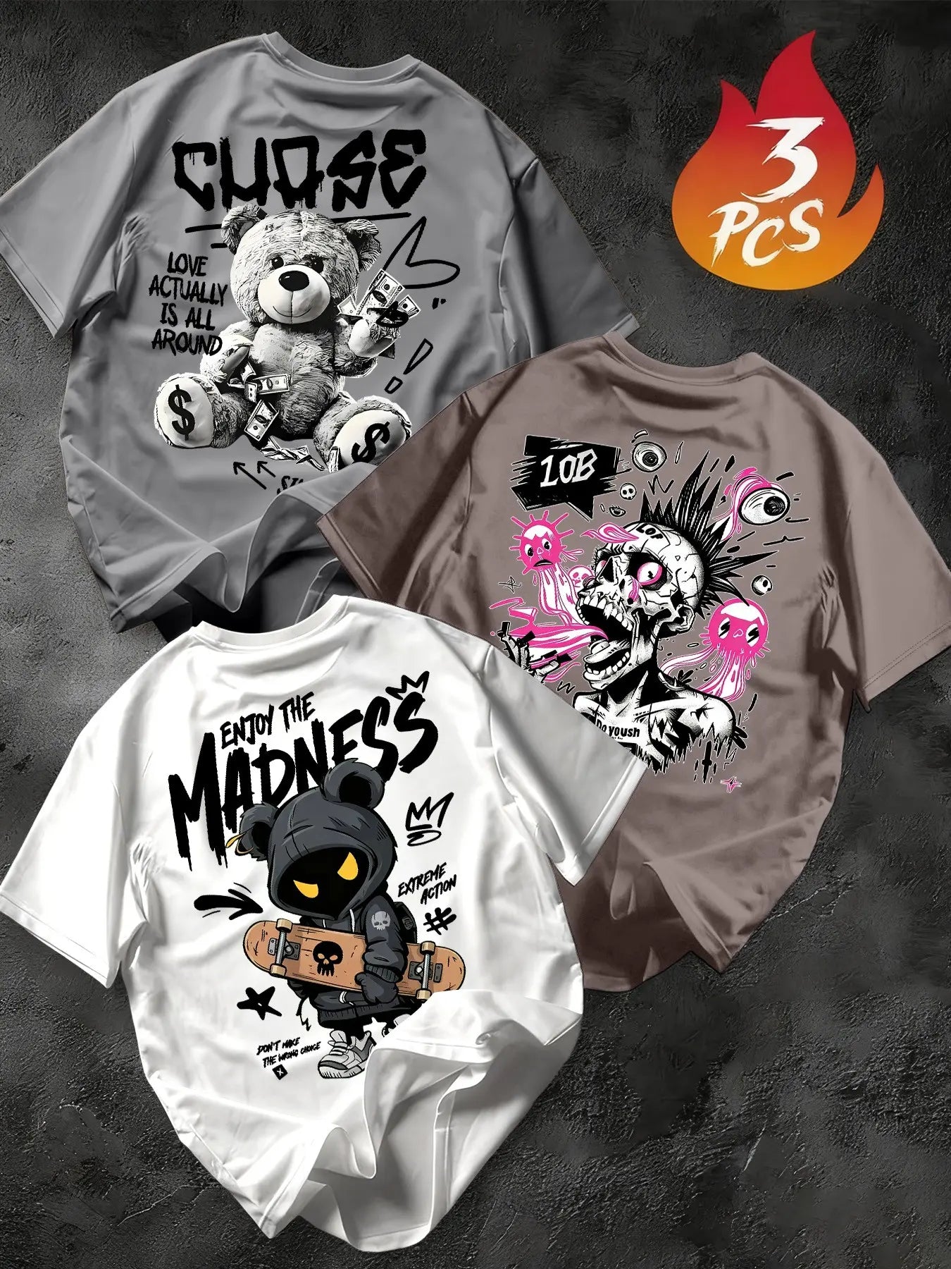 Men's 3-Pack Graffiti Round Neck Short Sleeve T-Shirts, Unique Cool Prints, Loose Fit, Casual Street Style, Daily Wear, Streetwear