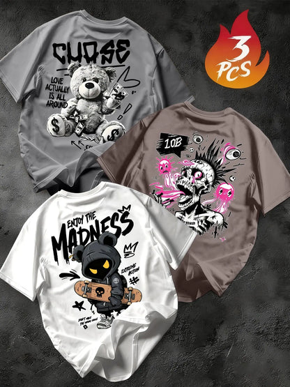 Men's 3-Pack Graffiti Round Neck Short Sleeve T-Shirts, Unique Cool Prints, Loose Fit, Casual Street Style, Daily Wear, Streetwear