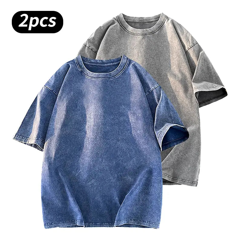 Washed Five-point Sleeve Pure Cotton Retro Crew Neck T-Shirt, Men's Summer Tee for Daily Wear, Running & Sports