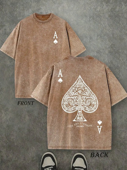 Retro Washed T-Shirt Double Sided Printed (230 Pure Cotton T-Shirt) 'LUCK AND STRENGTH'  Letter And Ace Of Spades Pattern Print, Men's T-Shirt, Men's Casual, Comfortable, Fashionable T-Shirt, Street Style Cotton