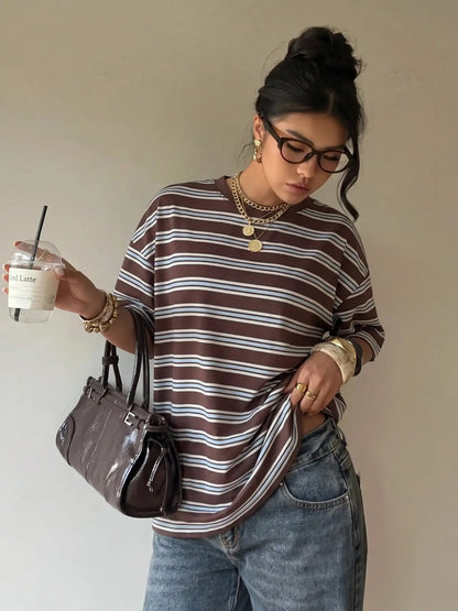 Soft Striped Oversized, Baggy Half Sleeve Casual Streetwear Daily Wear Lounge Summer Women's T‑Shirt With Retro Color Block Stripe Design Loose Fit Breathable Fabric Ideal For Everyday Outings Coffee Runs Basic Essential Tee