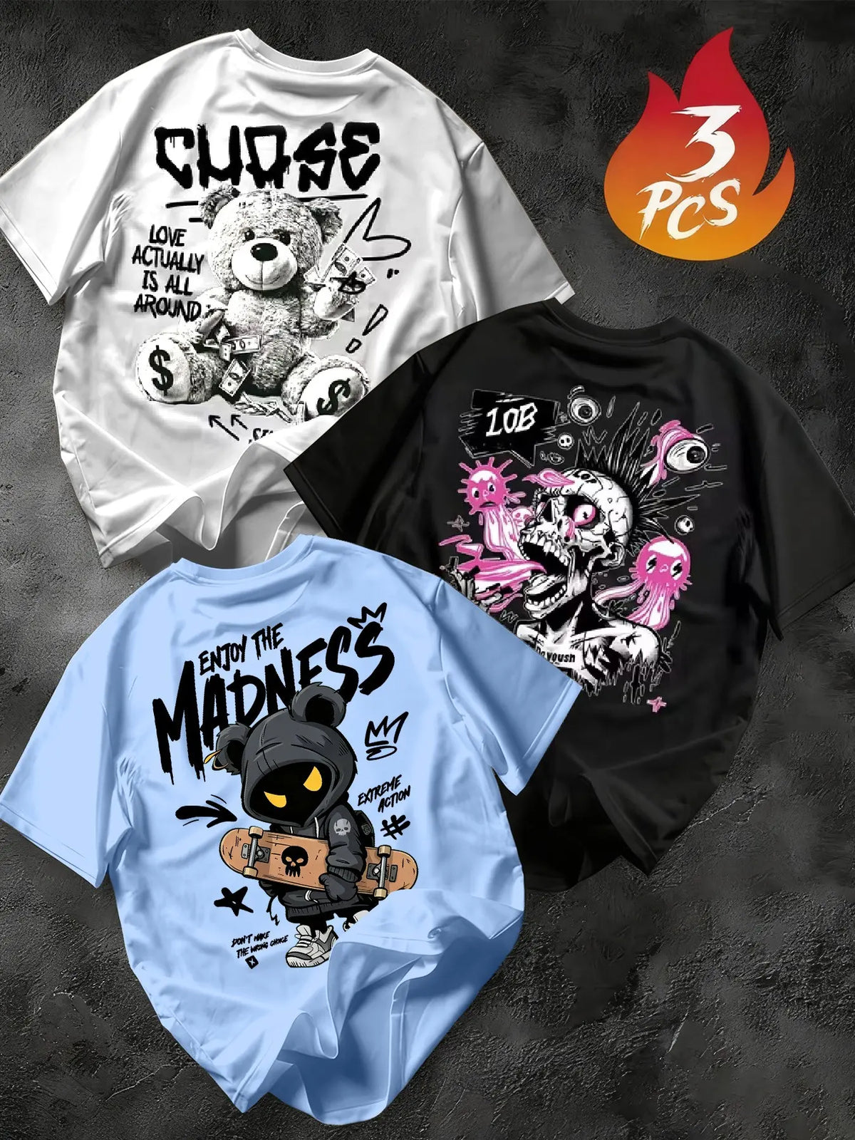 Men's 3-Pack Graffiti Round Neck Short Sleeve T-Shirts, Unique Cool Prints, Loose Fit, Casual Street Style, Daily Wear, Streetwear