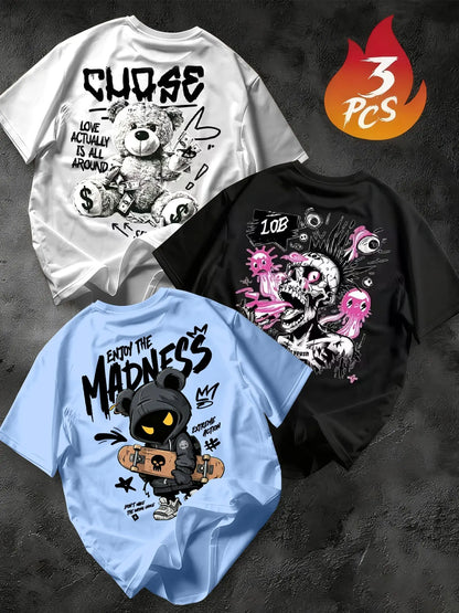 Men's 3-Pack Graffiti Round Neck Short Sleeve T-Shirts, Unique Cool Prints, Loose Fit, Casual Street Style, Daily Wear, Streetwear