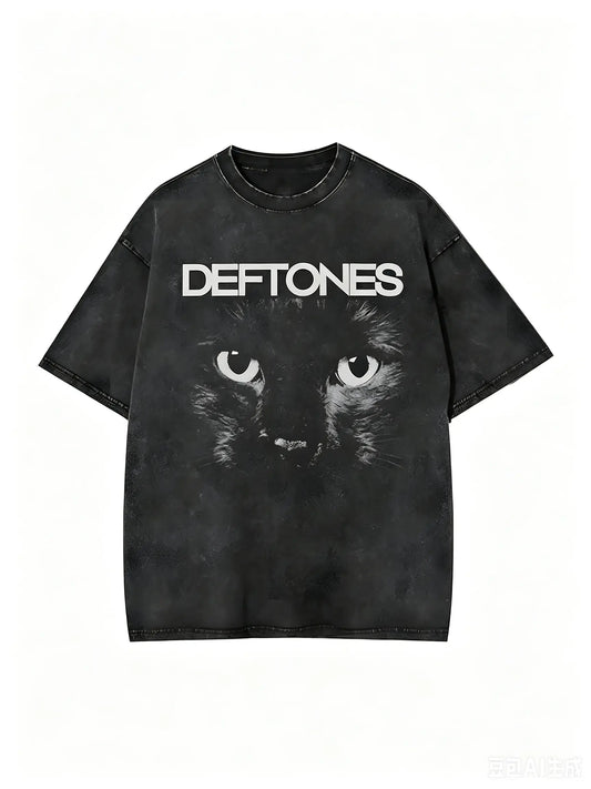 Vintage Washed Deftones Black Cat Graphic T Shirt, 90s Alt Metal Band Oversized Tee, Retro Grunge Streetwear Short Sleeve Top For Men Women Concert Outfit Unisex Menswear