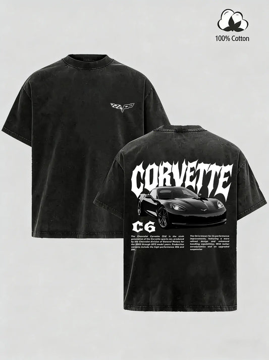 Men's Vintage Acid Wash Corvette C6 T-Shirt, Double Sided Retro Sports Car Gothic Letter Graphic Tee, Grunge Car Guy Oversized Heavy Cotton Top Casual Streetwear