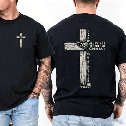 Double Sided Faith Quote Washed T-Shirt – Philippians 4:13 Christian Cross Graphic Tee