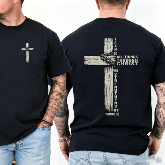 Double Sided Faith Quote Washed T-Shirt – Philippians 4:13 Christian Cross Graphic Tee