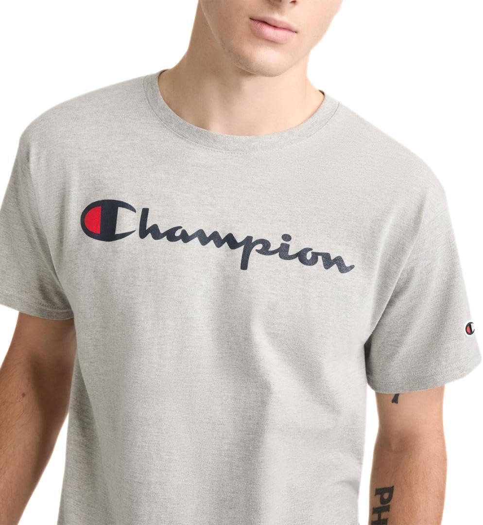 Champion Men's Graphic Short Sleeve T-Shirt, Standard Fit, Classic Script Logo, Midweight 100% Cotton