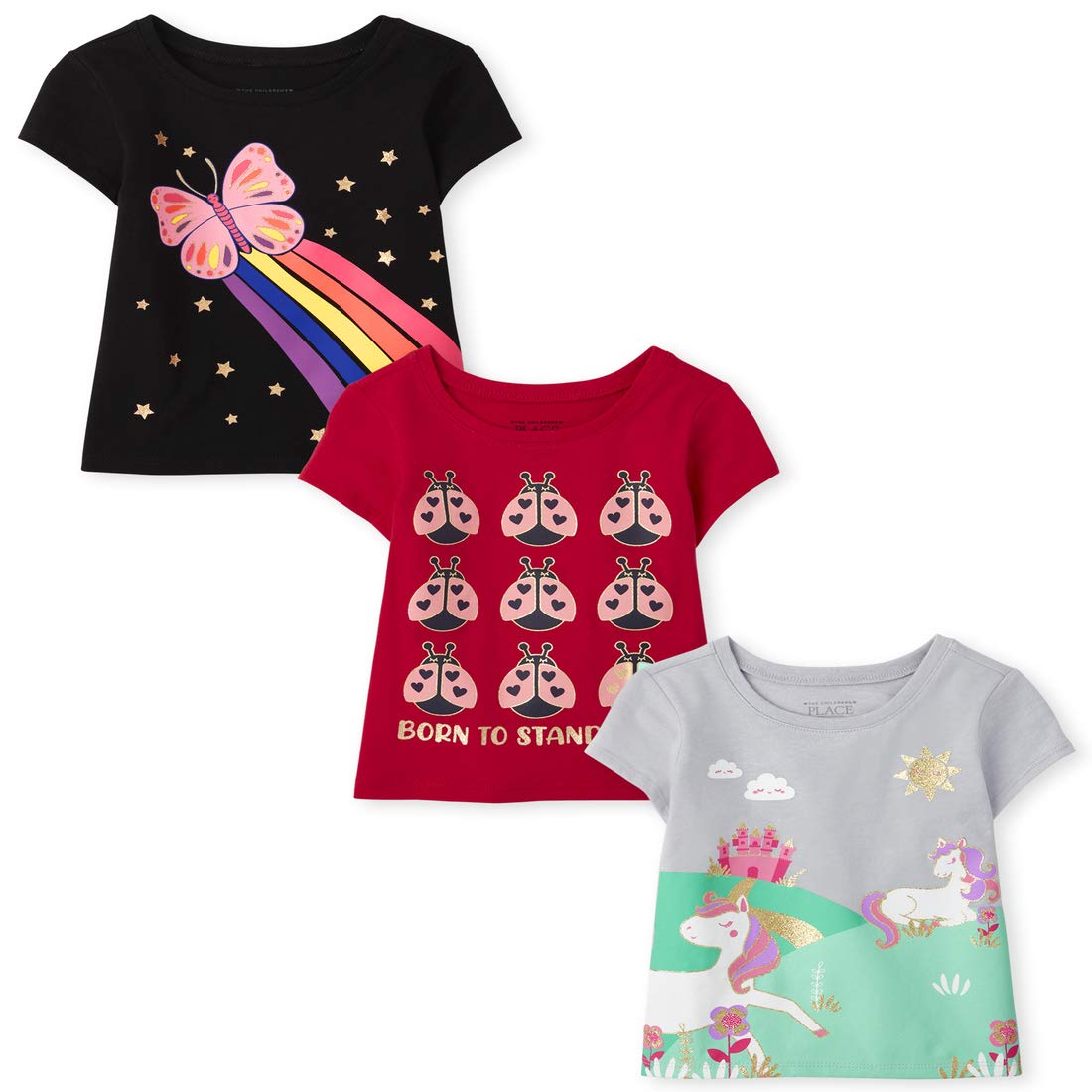 The Children's Place Baby Girls' and Toddler Unicorns,Butterflies,Trends Short Sleeve Graphic T-Shirts,3 Pack