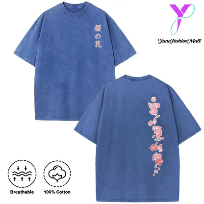 Washed T-shirt Japanese Cherry Blossom Double-Sided Cherry Blossom Pattern Print. Short Sleeve Washed T-Shirt Cotton Double-Sided Washed All-Matching Fashionable Retro Batik High y2k,Vintage,Streetwear Christmas gift,Cyber Monday graphic tees