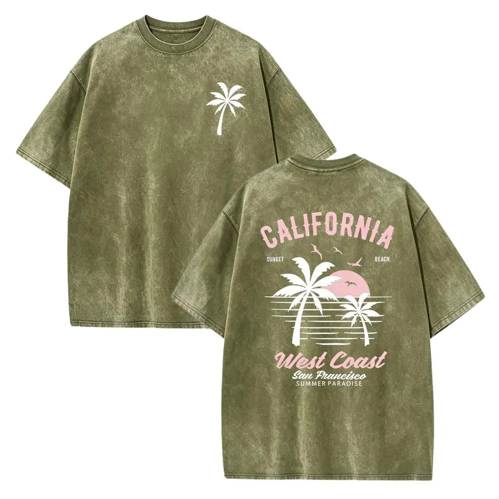 Washed Cotton California Graphic Tee – 250g Soft Vintage Surf Beach Tee with Palm Trees & Retro Print, Loose Fit Summer Casual Shirt for Men Women, Unisex Machine Washable